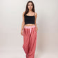 Red Vertical Stripe Wide Leg Pants with Smocked Waistband Contrast Plaid Detail and Relaxed Full-Length Fit