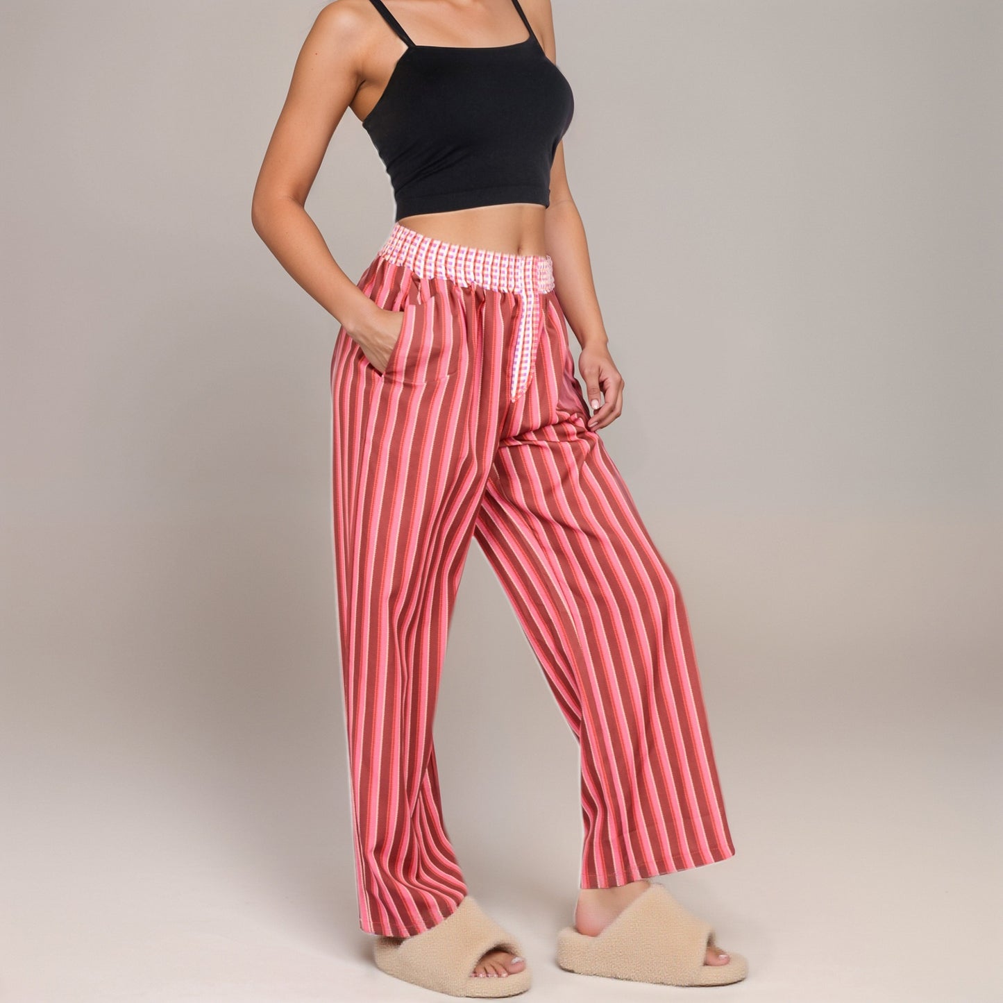 Red Vertical Stripe Wide Leg Pants with Smocked Waistband Contrast Plaid Detail and Relaxed Full-Length Fit