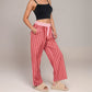 Red Vertical Stripe Wide Leg Pants with Smocked Waistband Contrast Plaid Detail and Relaxed Full-Length Fit