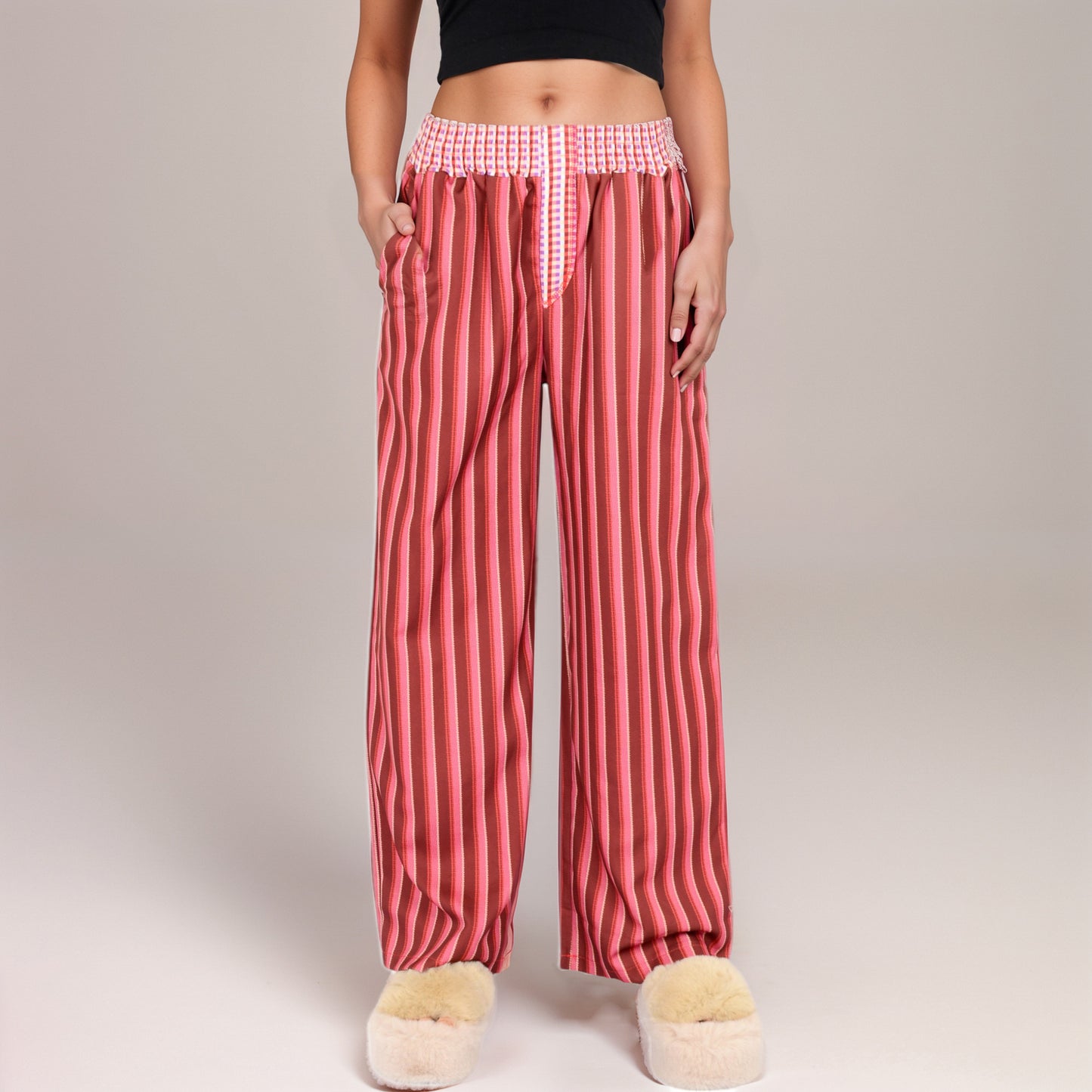 Red Vertical Stripe Wide Leg Pants with Smocked Waistband Contrast Plaid Detail and Relaxed Full-Length Fit