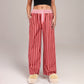 Red Vertical Stripe Wide Leg Pants with Smocked Waistband Contrast Plaid Detail and Relaxed Full-Length Fit