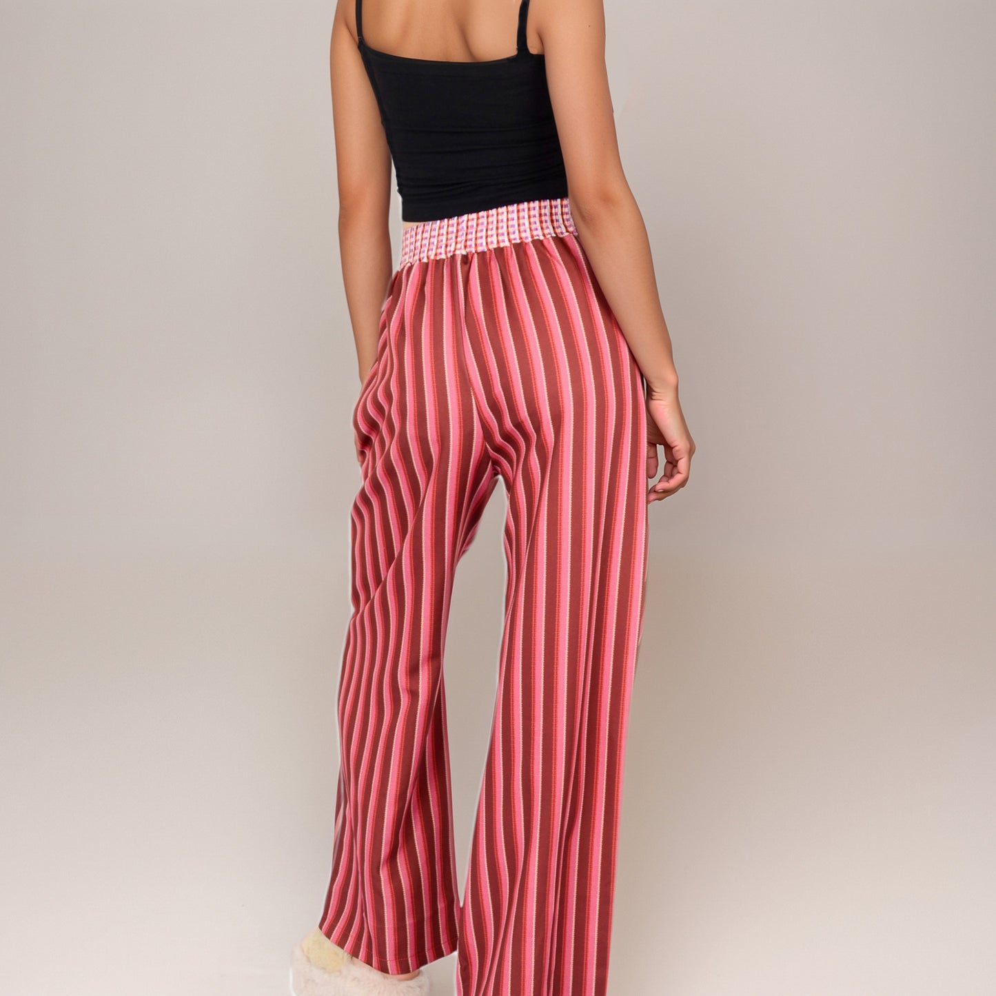 Red Vertical Stripe Wide Leg Pants with Smocked Waistband Contrast Plaid Detail and Relaxed Full-Length Fit