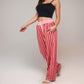 Red Vertical Stripe Wide Leg Pants with Smocked Waistband Contrast Plaid Detail and Relaxed Full-Length Fit