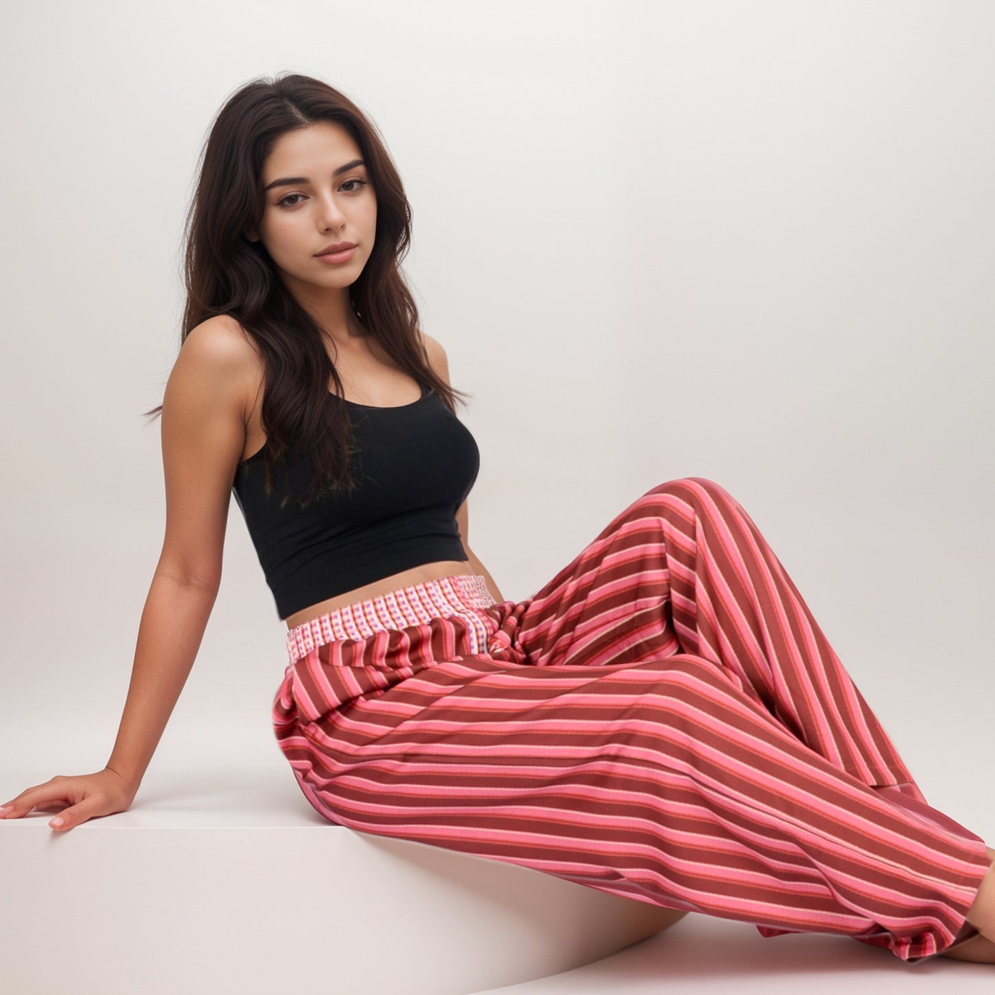 Red Vertical Stripe Wide Leg Pants with Smocked Waistband Contrast Plaid Detail and Relaxed Full-Length Fit