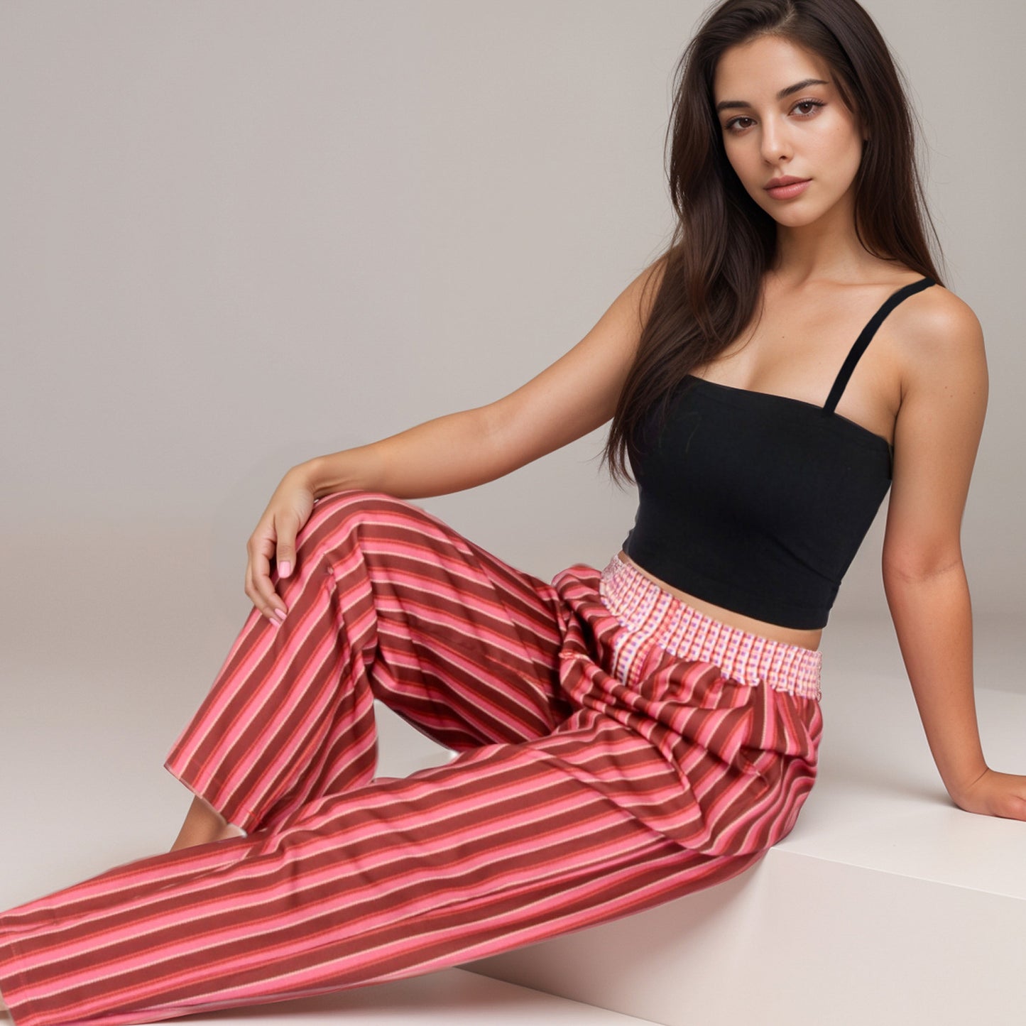 Red Vertical Stripe Wide Leg Pants with Smocked Waistband Contrast Plaid Detail and Relaxed Full-Length Fit