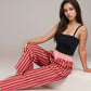 Red Vertical Stripe Wide Leg Pants with Smocked Waistband Contrast Plaid Detail and Relaxed Full-Length Fit