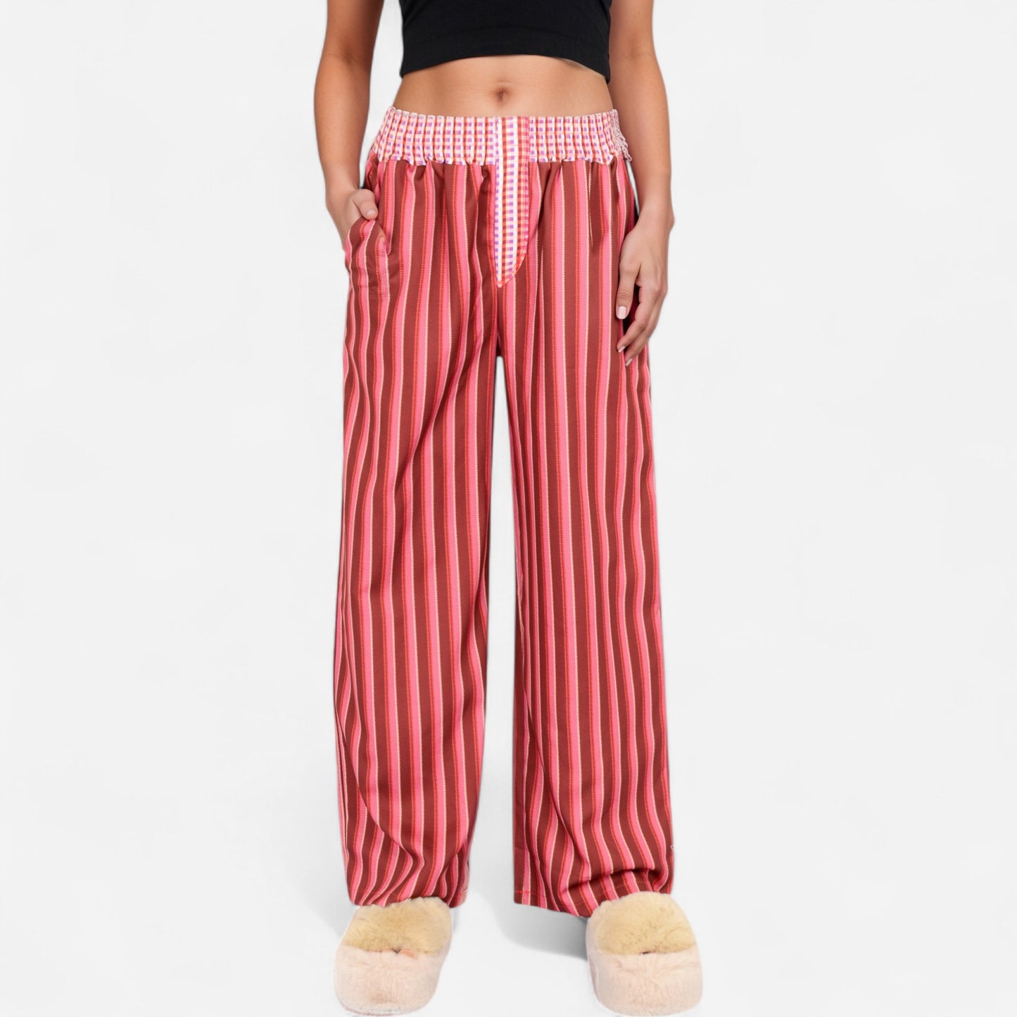 Red Vertical Stripe Wide Leg Pants with Smocked Waistband Contrast Plaid Detail and Relaxed Full-Length Fit