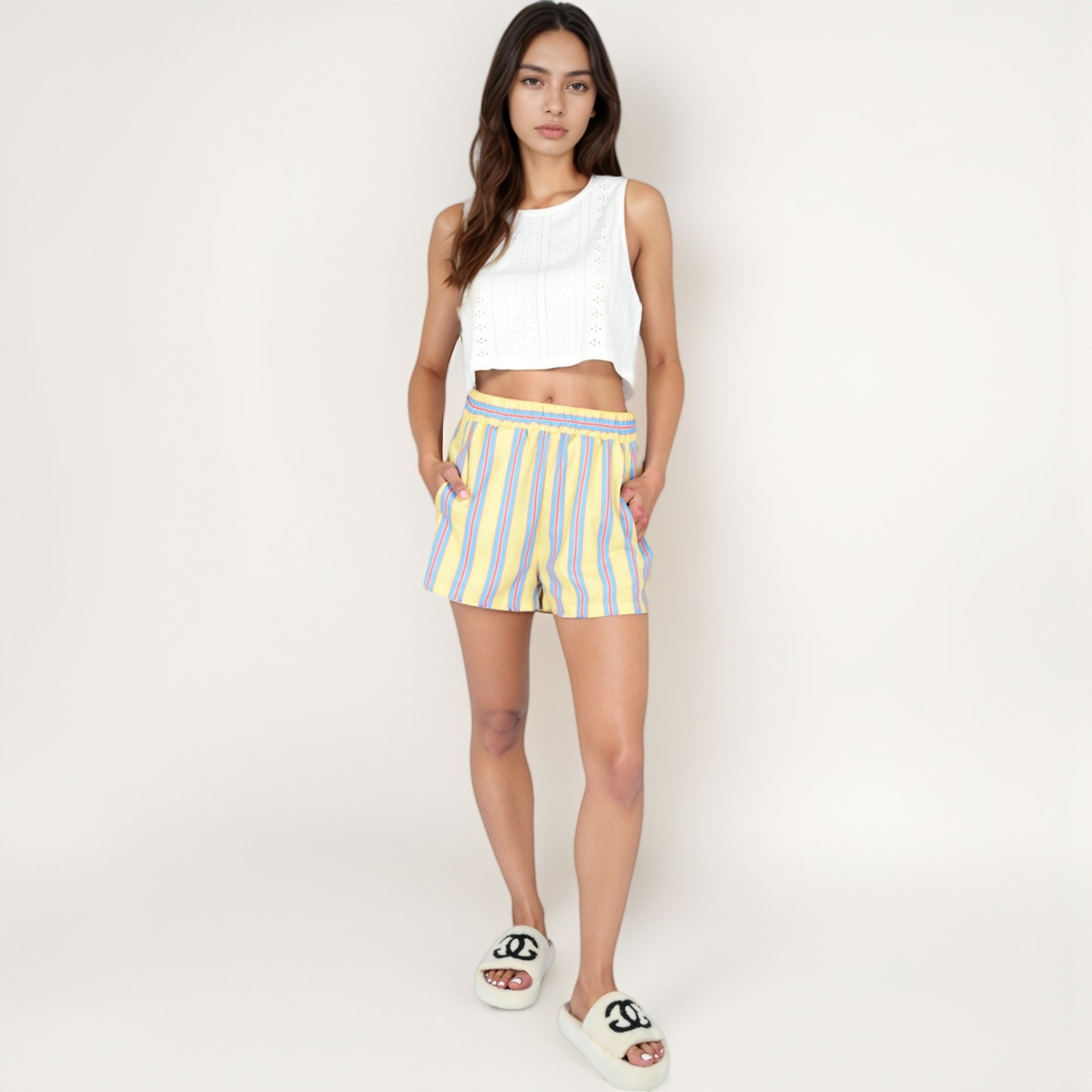 Striped Elastic Waist Lounge Shorts with Relaxed Fit and Side Pockets