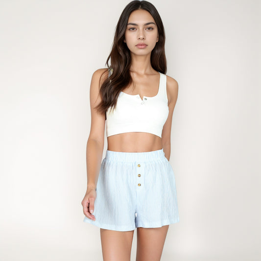 Seersucker Stripe Lounge Shorts with Elastic Waistband and Decorative Button Front