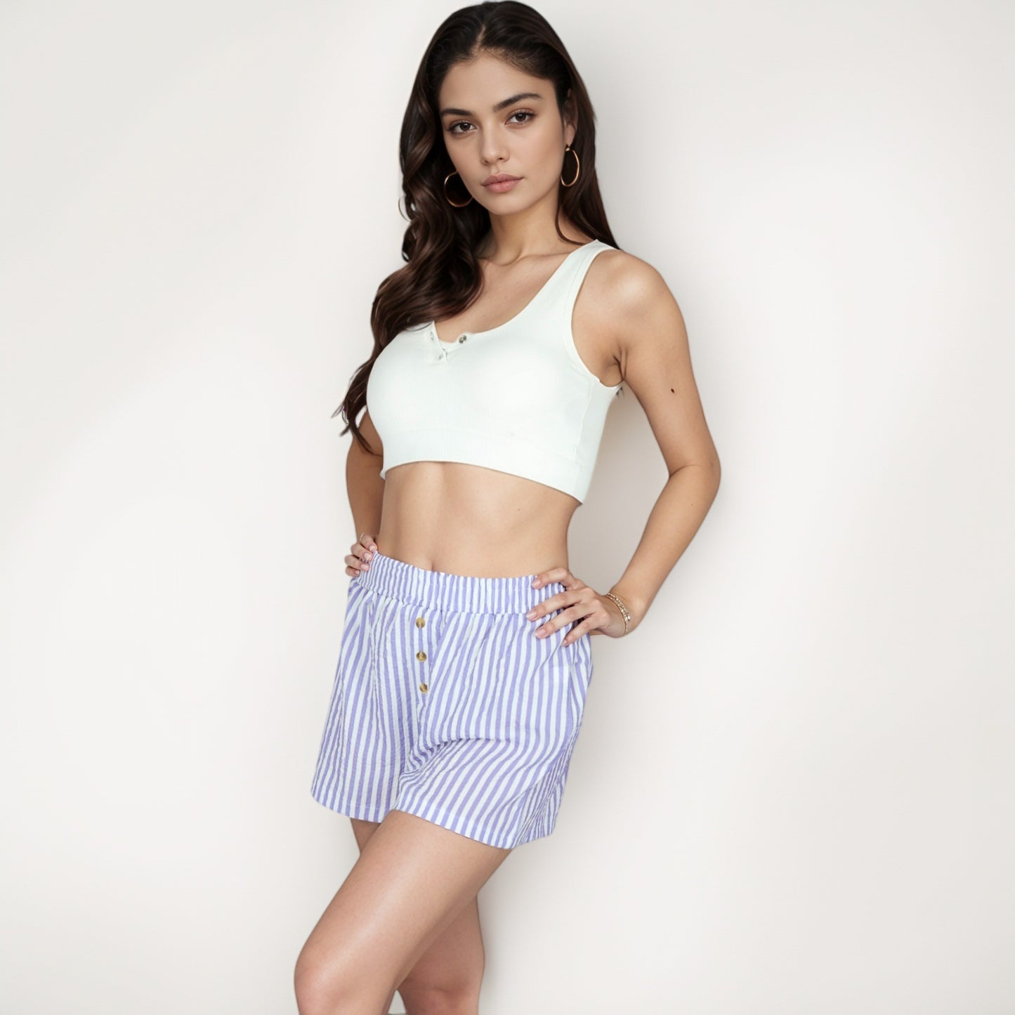 Seersucker Stripe Lounge Shorts with Elastic Waistband and Decorative Button Front