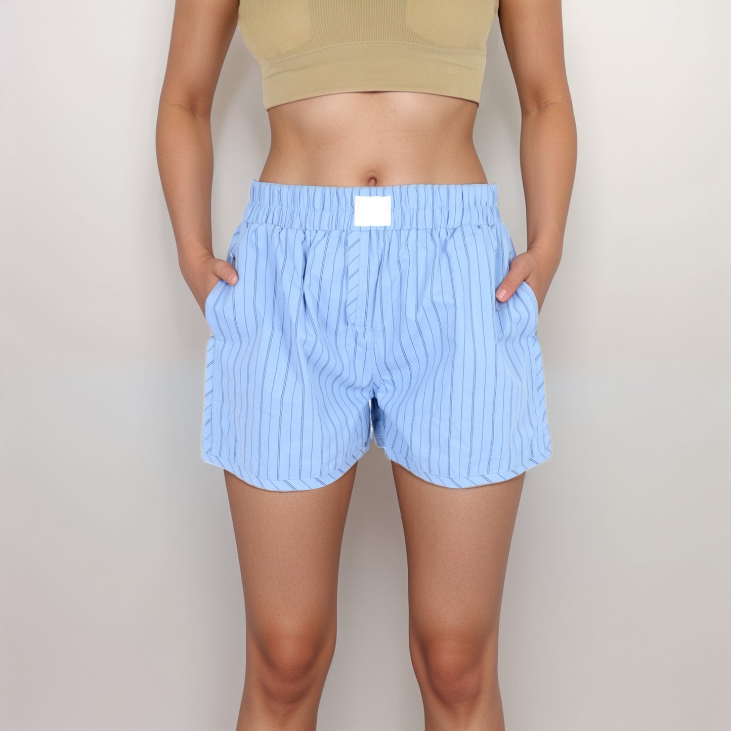 Vertical Stripe Lounge Shorts with Elastic Waistband Faux Fly Front and Relaxed Fit Side Pockets