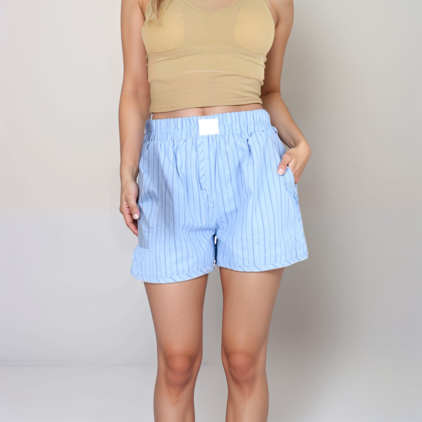 Vertical Stripe Lounge Shorts with Elastic Waistband Faux Fly Front and Relaxed Fit Side Pockets