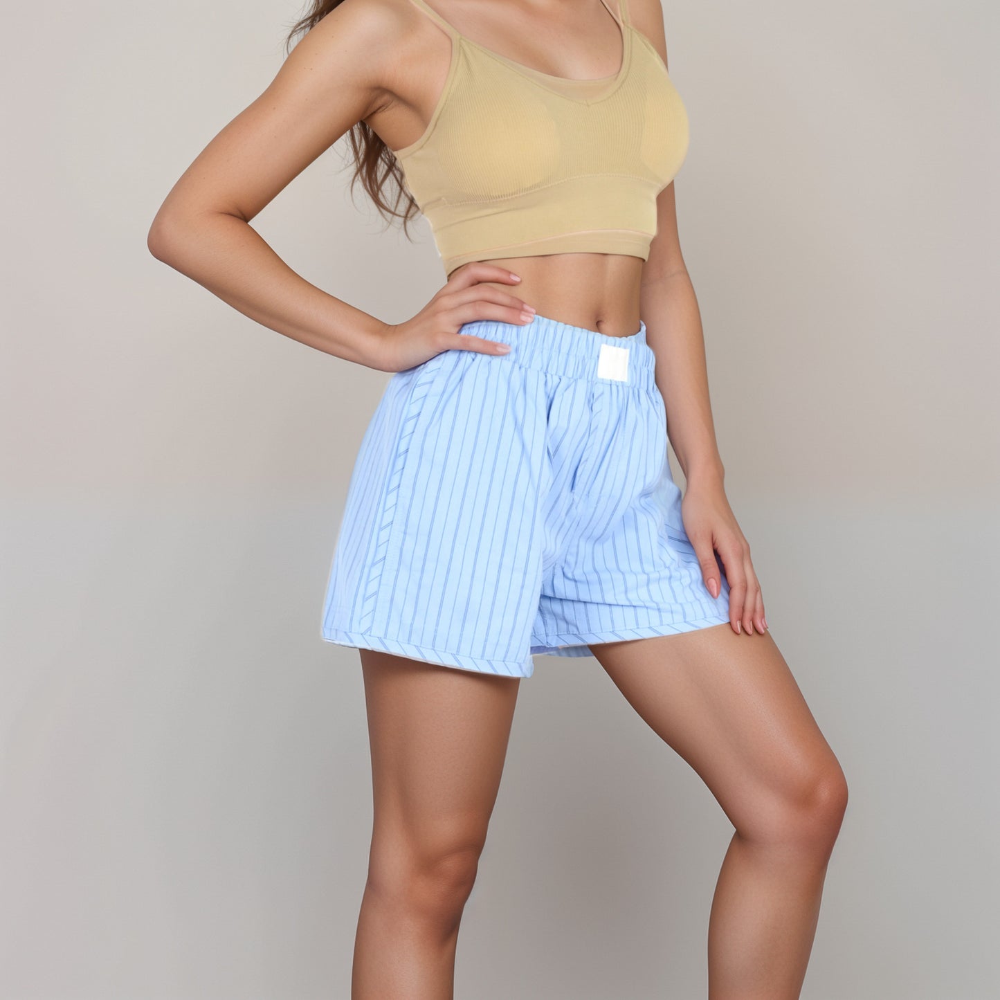Vertical Stripe Lounge Shorts with Elastic Waistband Faux Fly Front and Relaxed Fit Side Pockets