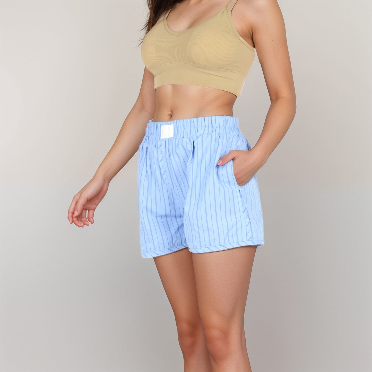 Vertical Stripe Lounge Shorts with Elastic Waistband Faux Fly Front and Relaxed Fit Side Pockets