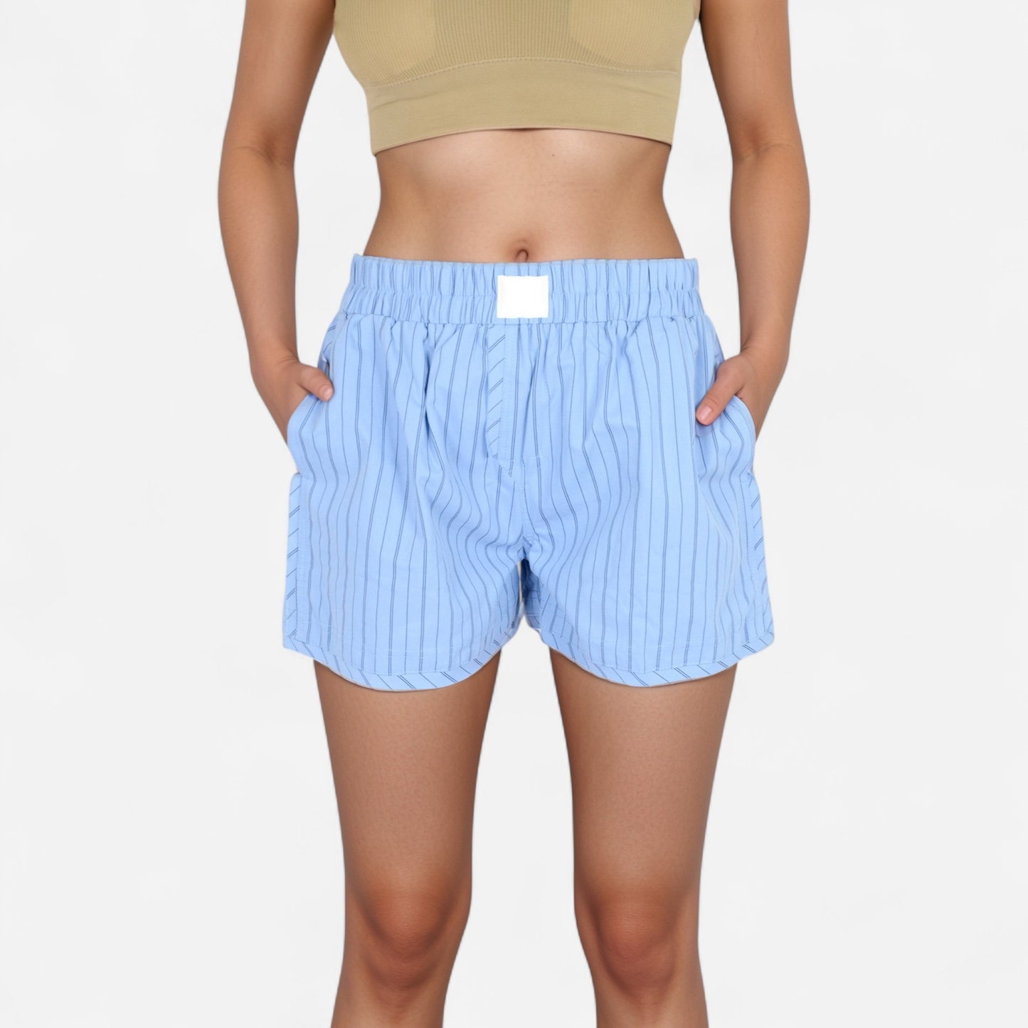 Vertical Stripe Lounge Shorts with Elastic Waistband Faux Fly Front and Relaxed Fit Side Pockets