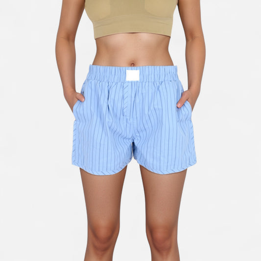 Vertical Stripe Lounge Shorts with Elastic Waistband Faux Fly Front and Relaxed Fit Side Pockets