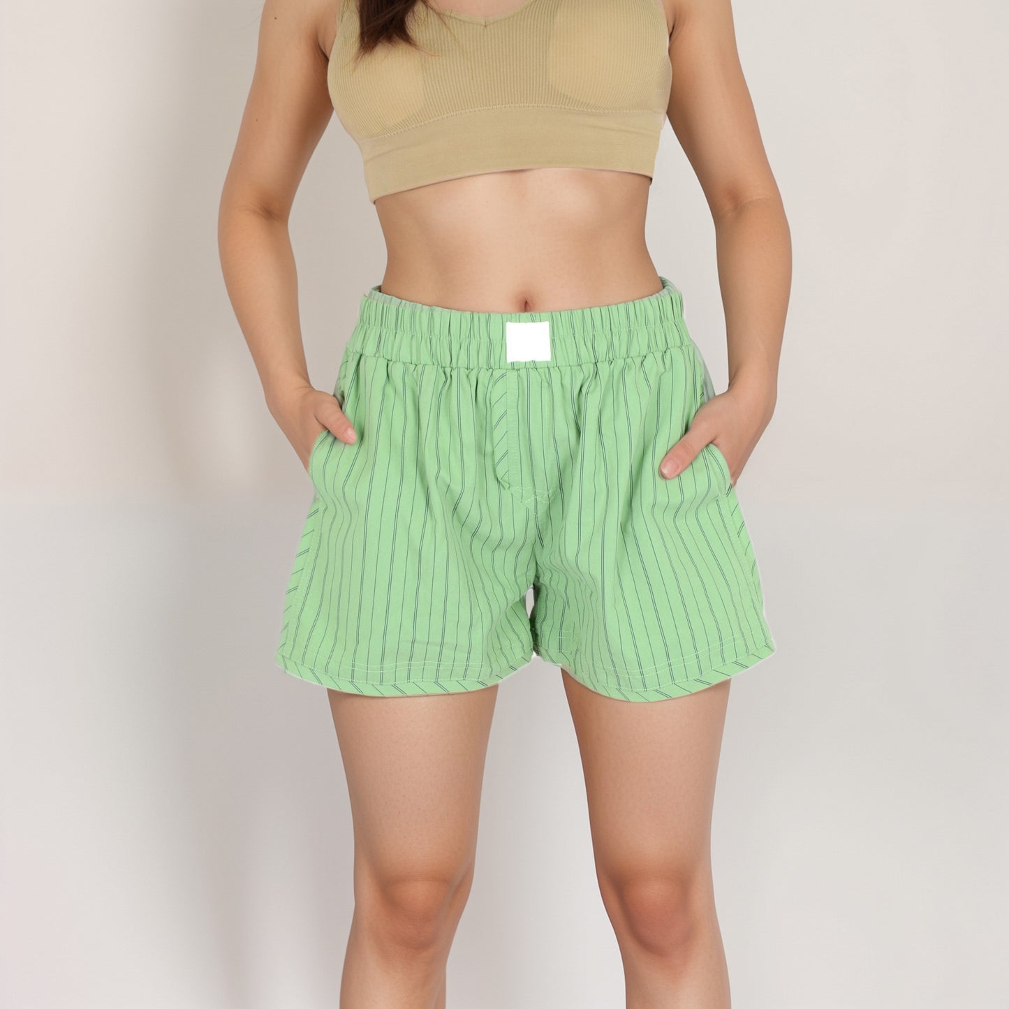 Vertical Stripe Lounge Shorts with Elastic Waistband Faux Fly Front and Relaxed Fit Side Pockets