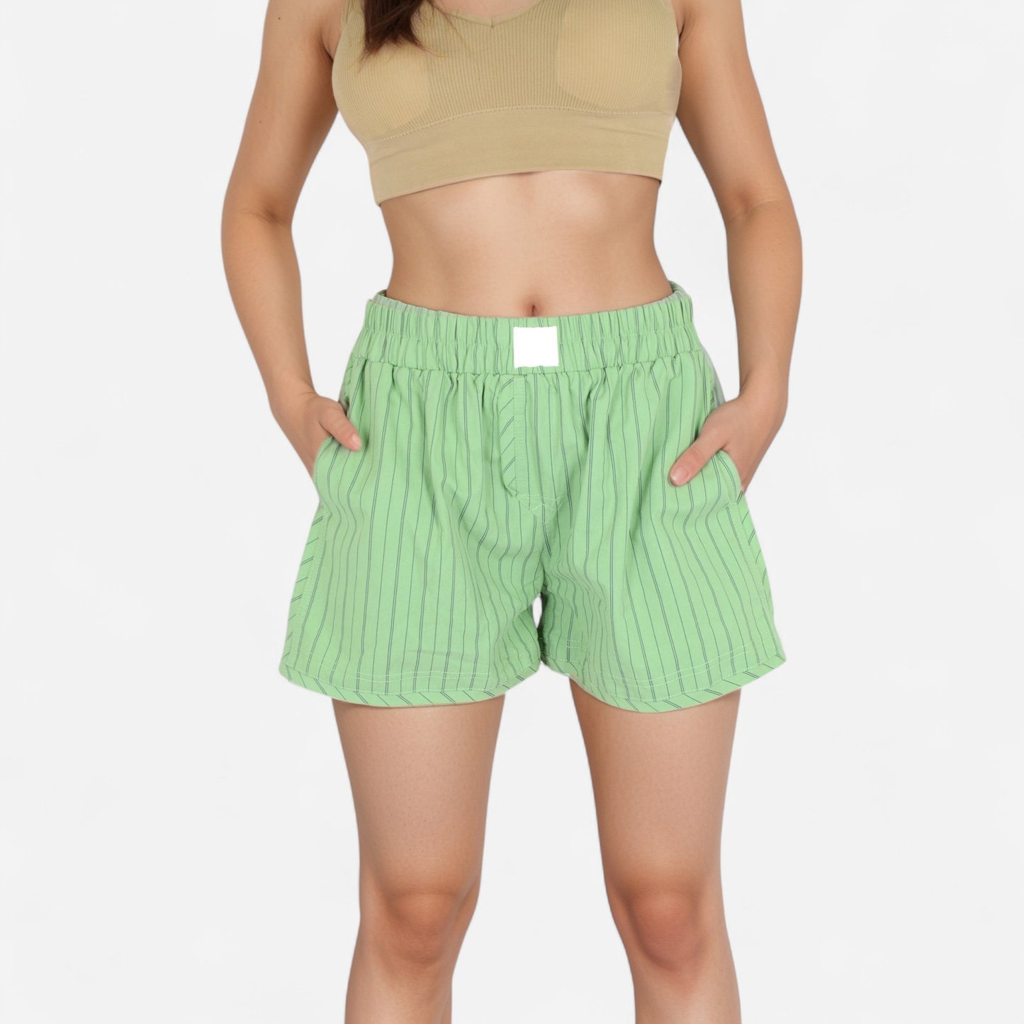 Vertical Stripe Lounge Shorts with Elastic Waistband Faux Fly Front and Relaxed Fit Side Pockets
