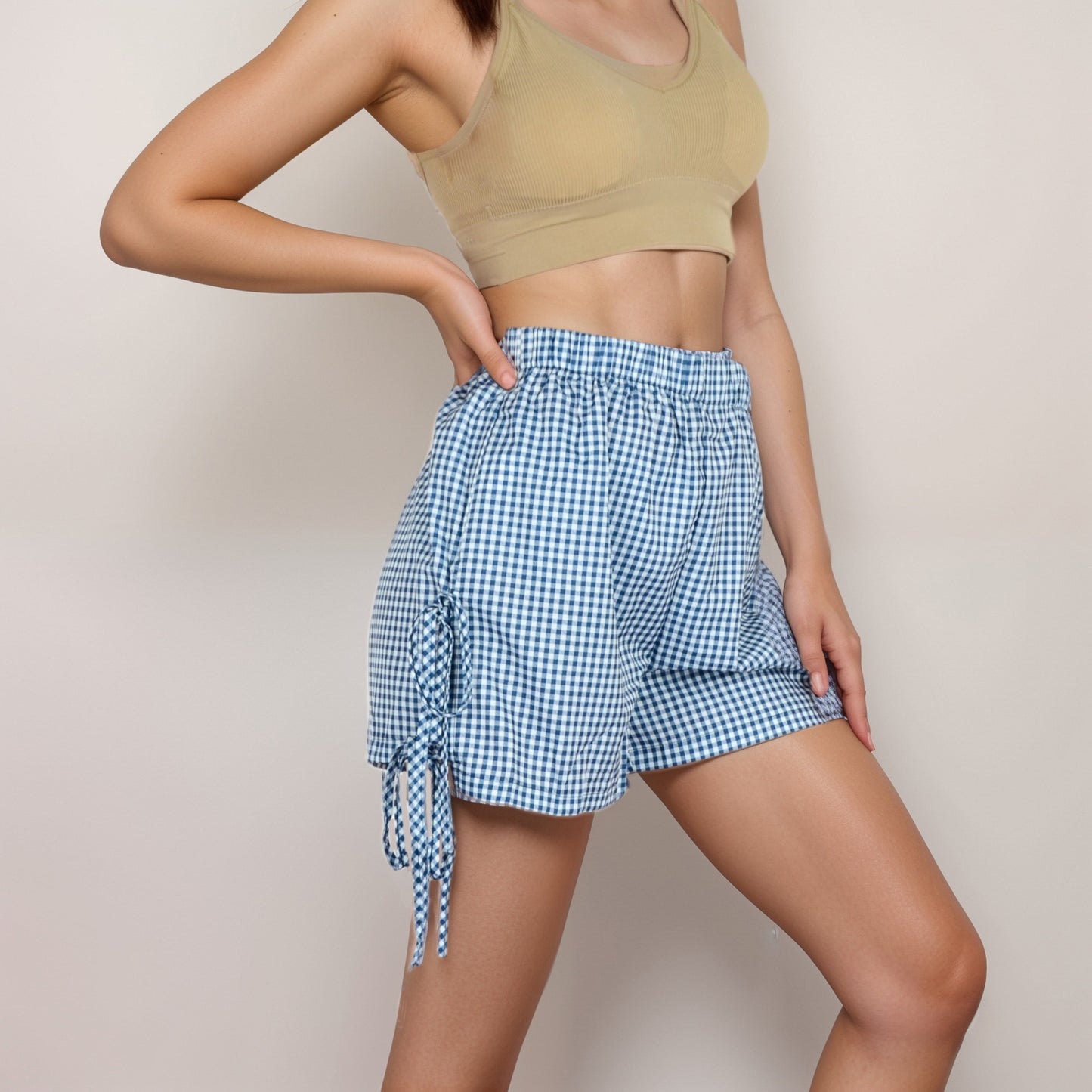Gingham Lounge Shorts with Elastic Waistband Adjustable Side Tie Details and Relaxed Casual Fit