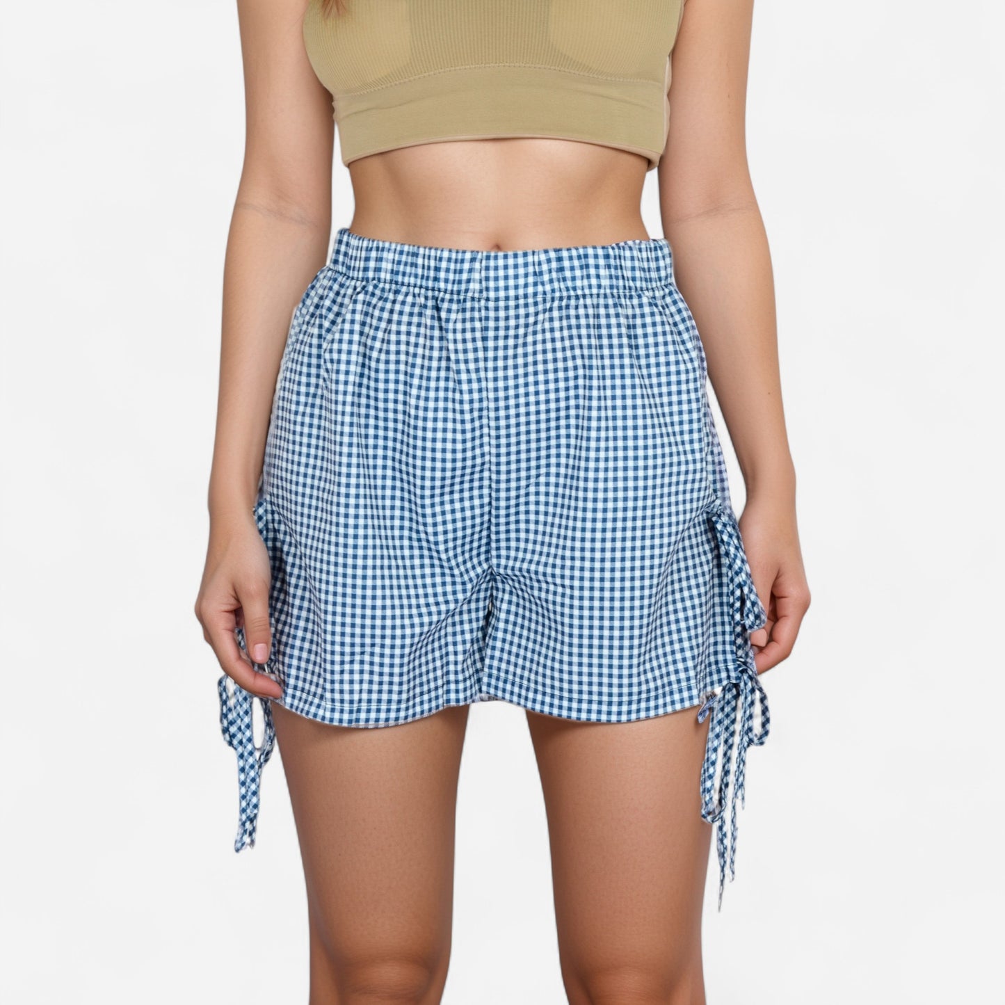 Gingham Lounge Shorts with Elastic Waistband Adjustable Side Tie Details and Relaxed Casual Fit