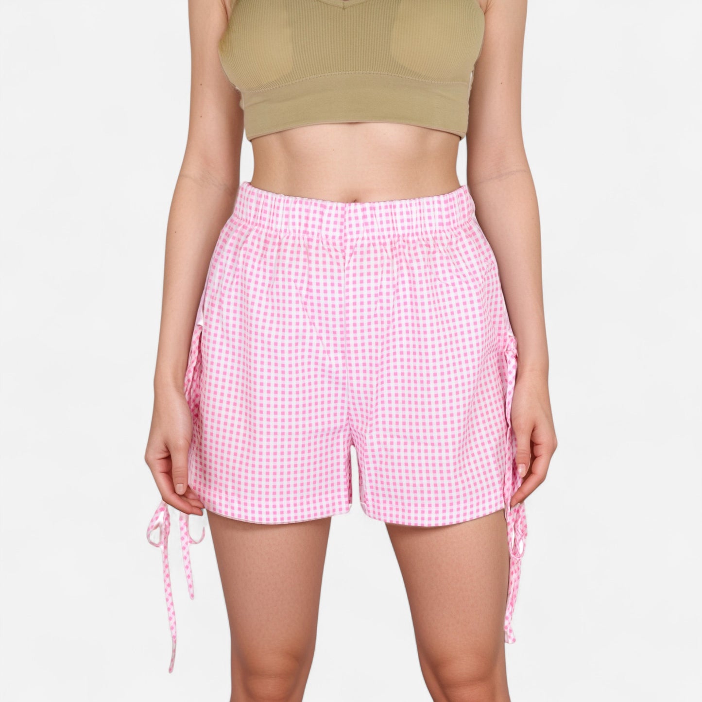 Gingham Lounge Shorts with Elastic Waistband Adjustable Side Tie Details and Relaxed Casual Fit