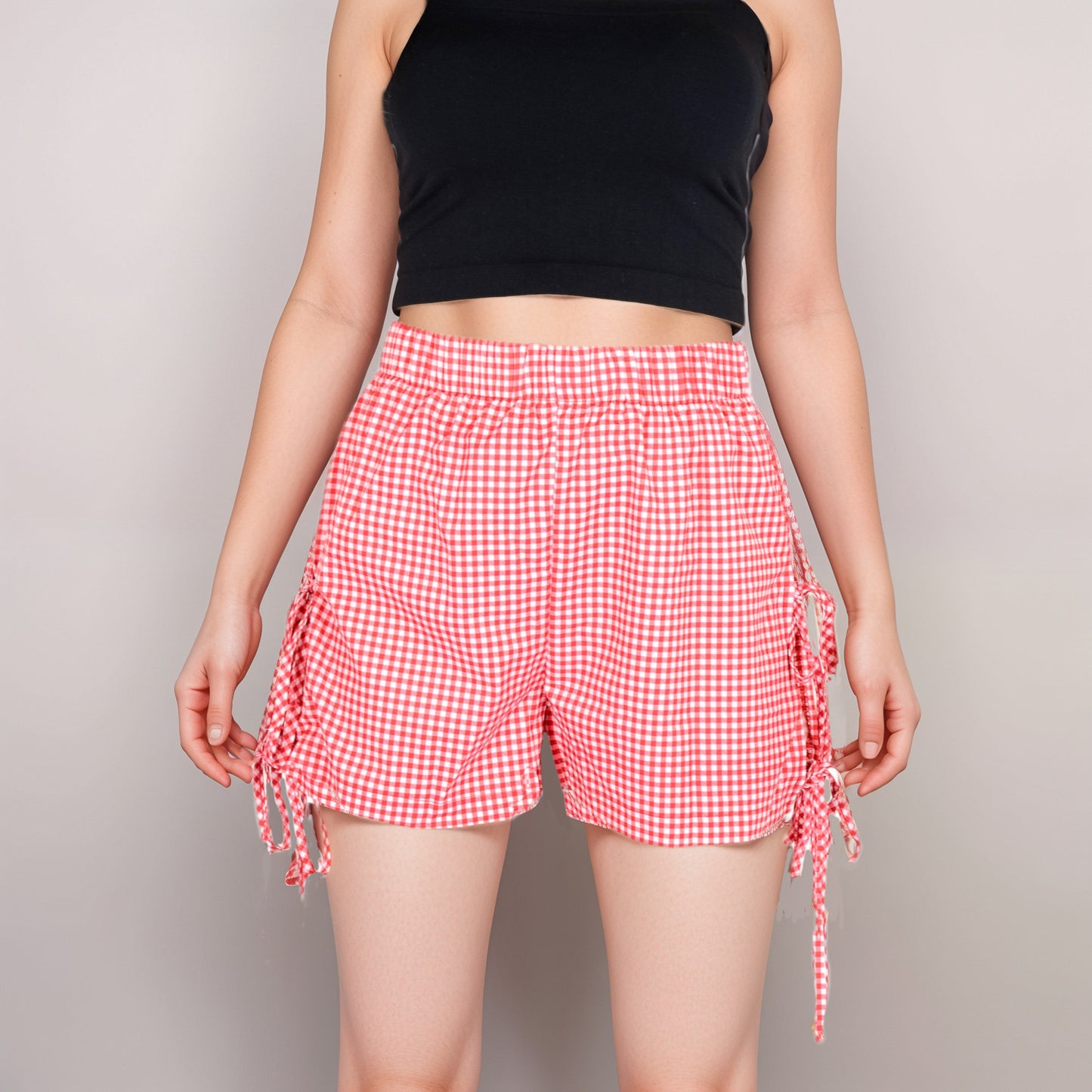 Gingham Lounge Shorts with Elastic Waistband Adjustable Side Tie Details and Relaxed Casual Fit