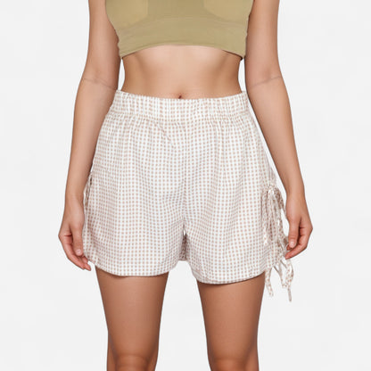 Gingham Lounge Shorts with Elastic Waistband Adjustable Side Tie Details and Relaxed Casual Fit