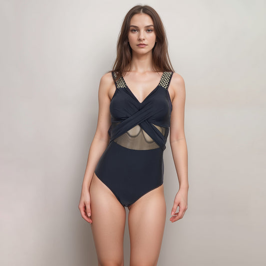 Swim Women's One Piece Swimsuit with Mesh Midsection Crisscross Front and Braided Detail Straps