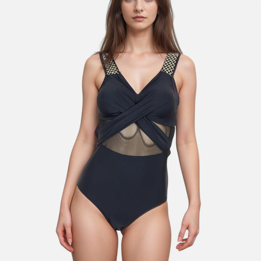 Swim Women's One Piece Swimsuit with Mesh Midsection Crisscross Front and Braided Detail Straps