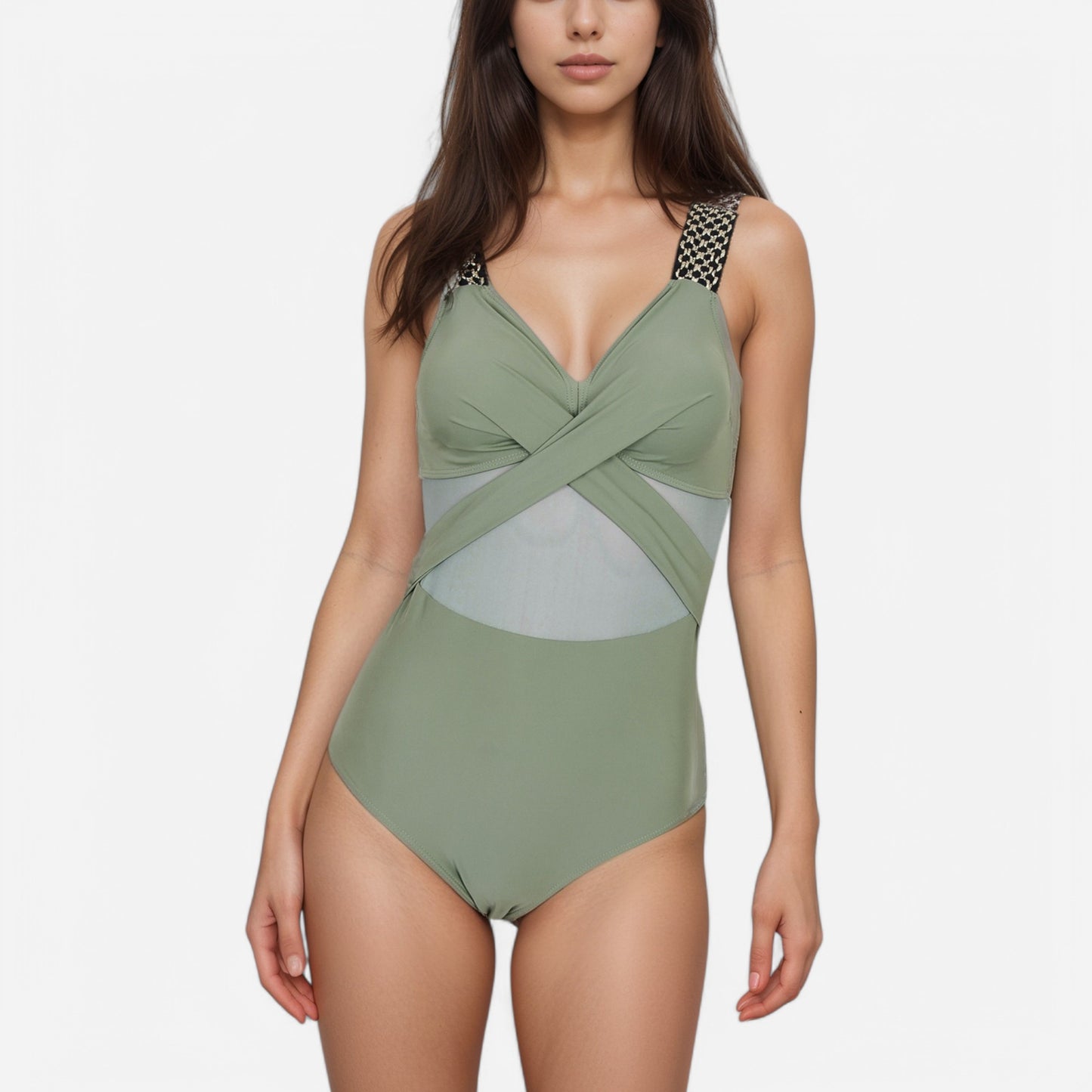 Swim Women's One Piece Swimsuit with Mesh Midsection Crisscross Front and Braided Detail Straps