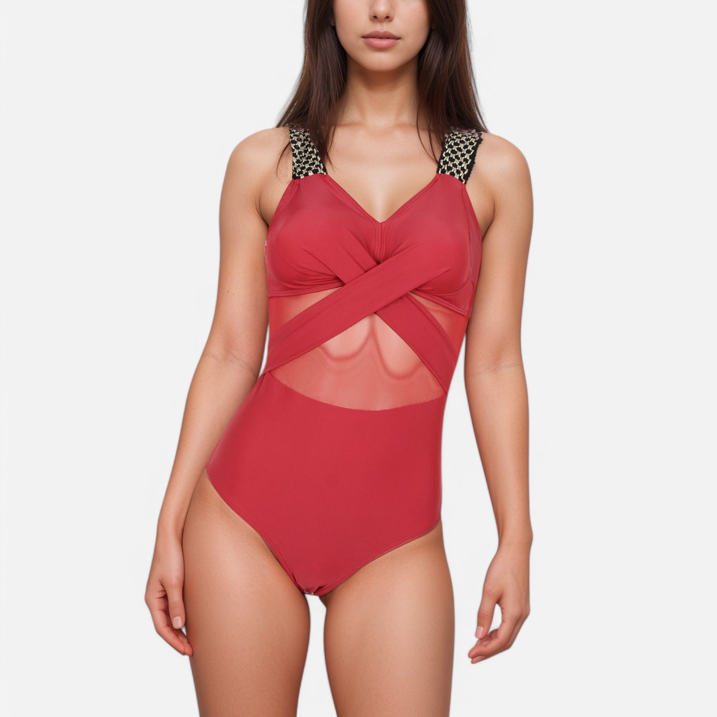 Swim Women's One Piece Swimsuit with Mesh Midsection Crisscross Front and Braided Detail Straps