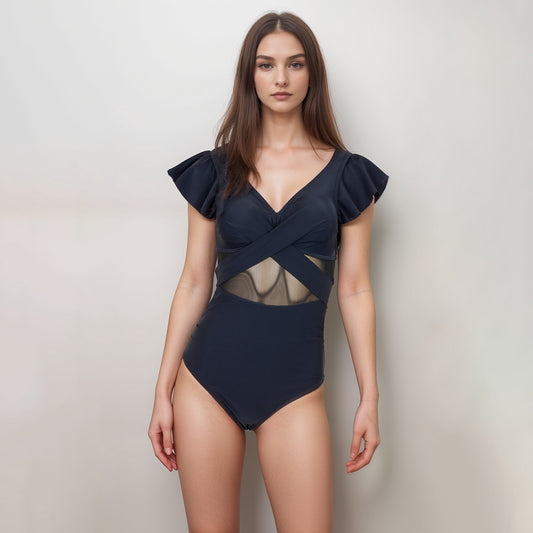 Swim Women's Flutter Sleeve One Piece Swimsuit with Crisscross Mesh Panel Detail and Deep V-Neckline