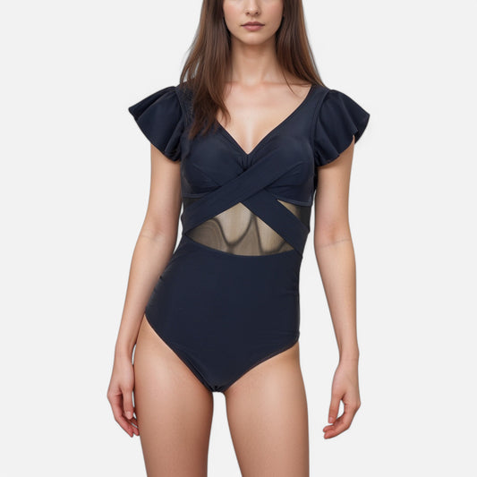 Swim Women's Flutter Sleeve One Piece Swimsuit with Crisscross Mesh Panel Detail and Deep V-Neckline