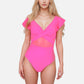 Swim Women's Flutter Sleeve One Piece Swimsuit with Crisscross Mesh Panel Detail and Deep V-Neckline