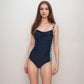Colorblock One Piece Swimsuit with Twist Front Detail Wide Shoulder Straps and Flattering Ruched Sides