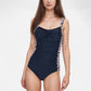 Colorblock One Piece Swimsuit with Twist Front Detail Wide Shoulder Straps and Flattering Ruched Sides