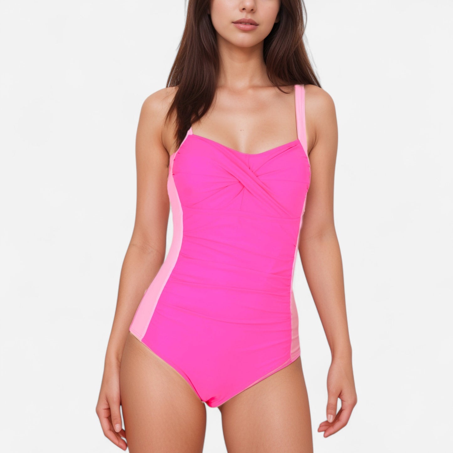 Colorblock One Piece Swimsuit with Twist Front Detail Wide Shoulder Straps and Flattering Ruched Sides