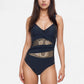 Mesh Panel One Piece Swimsuit with Crossover Bust Detail Gold Ring Straps and Contouring Waist Wrap Design