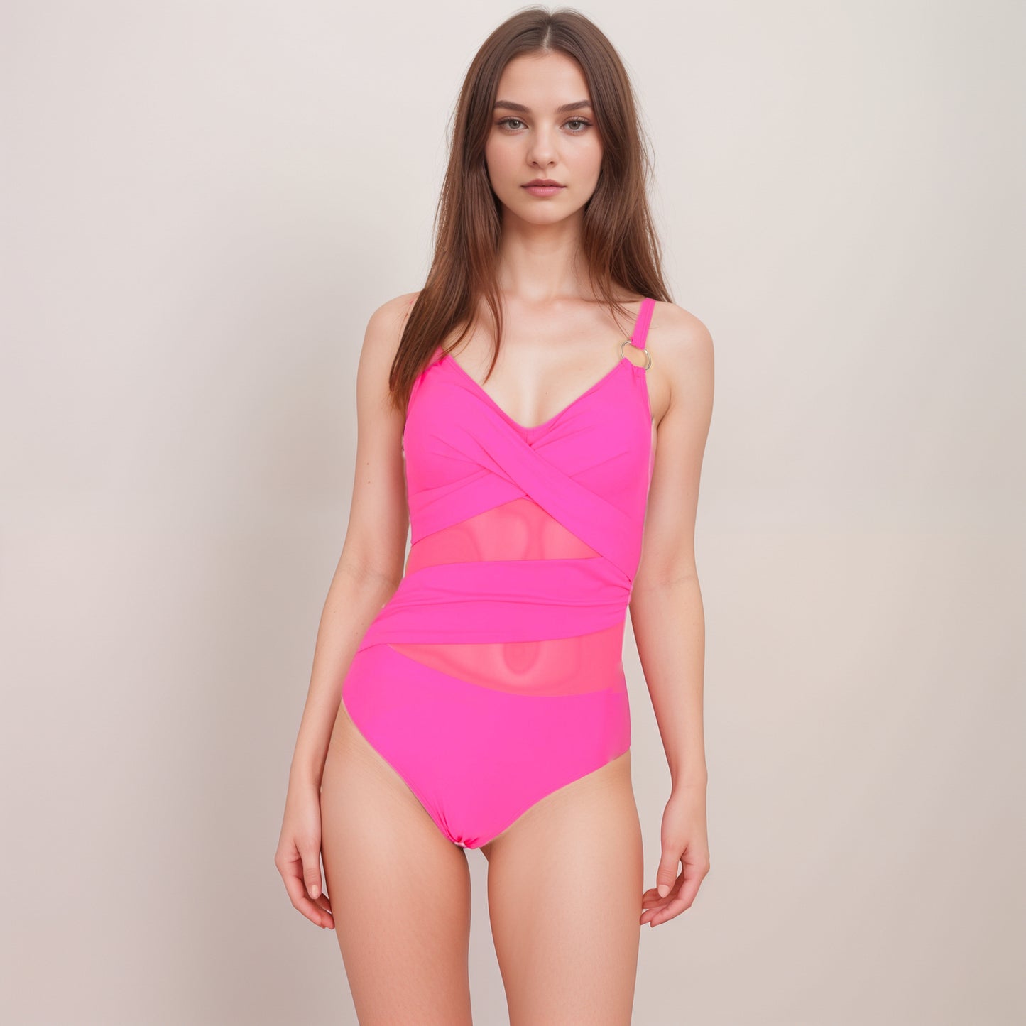 Mesh Panel One Piece Swimsuit with Crossover Bust Detail Gold Ring Straps and Contouring Waist Wrap Design