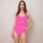 Mesh Panel One Piece Swimsuit with Crossover Bust Detail Gold Ring Straps and Contouring Waist Wrap Design