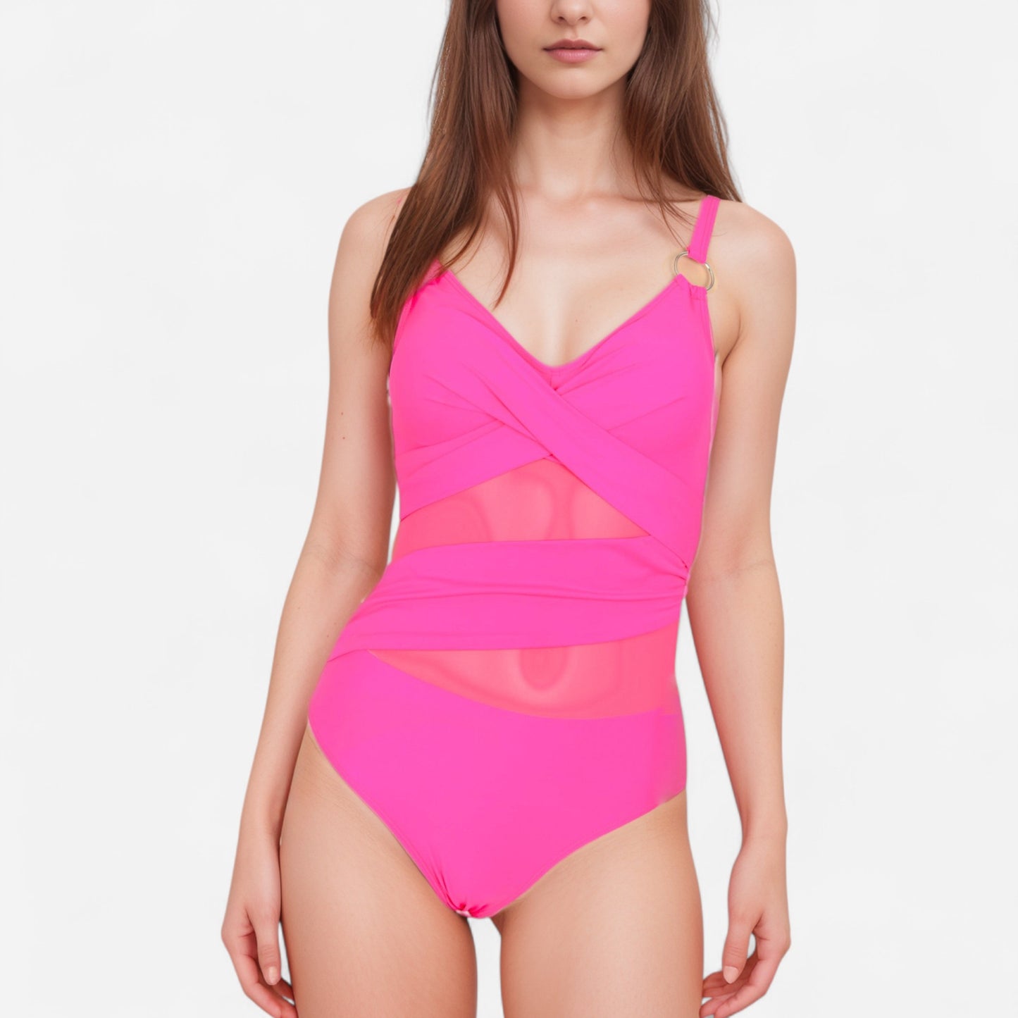 Mesh Panel One Piece Swimsuit with Crossover Bust Detail Gold Ring Straps and Contouring Waist Wrap Design