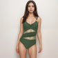Mesh Panel One Piece Swimsuit with Crossover Bust Detail Gold Ring Straps and Contouring Waist Wrap Design
