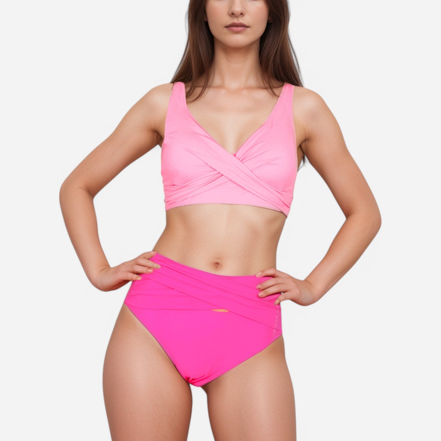 Swim Women's Crossover Bikini Set with Wide Strap Top and High Waist Twist Front Bottoms