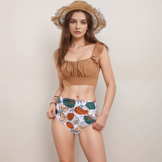 Swim Women's Ruffle Bikini Top with Ruched Bust Detail and High Waist Leaf Print Bottom Swimsuit Set