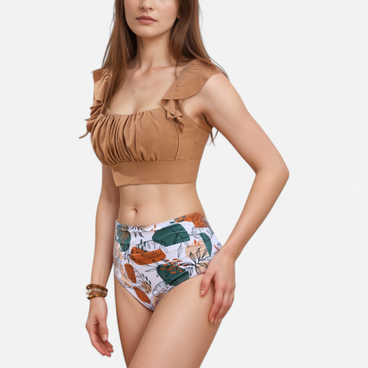 Swim Women's Ruffle Bikini Top with Ruched Bust Detail and High Waist Leaf Print Bottom Swimsuit Set