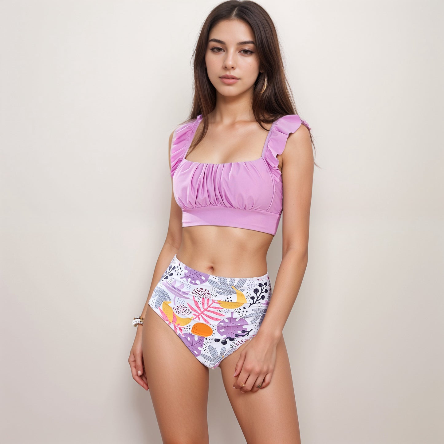 Swim Women's Ruffle Bikini Top with Ruched Bust Detail and High Waist Leaf Print Bottom Swimsuit Set