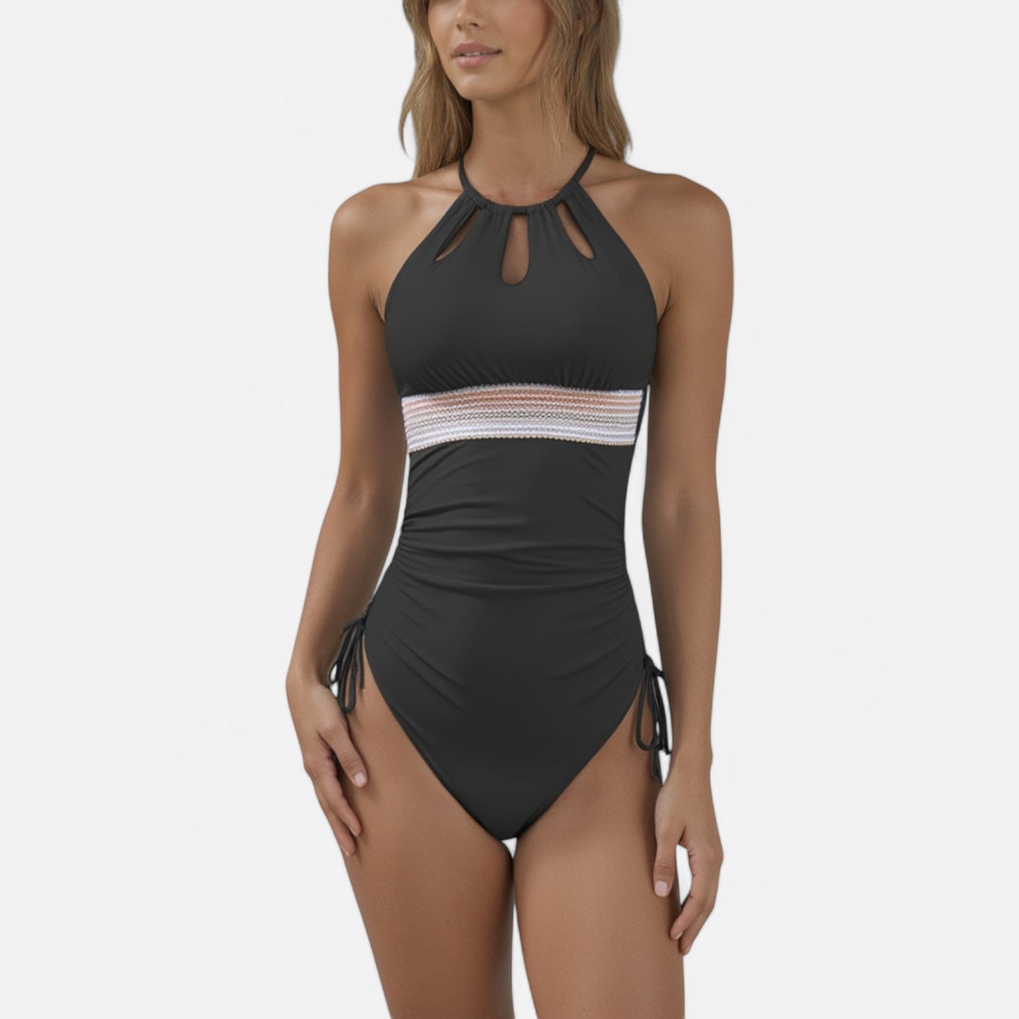 Swim Women's High Neck One Piece Swimsuit with Keyhole Front Detail and Ruched Side Drawstrings