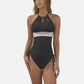 Swim Women's High Neck One Piece Swimsuit with Keyhole Front Detail and Ruched Side Drawstrings