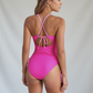 Swim Women's High Neck One Piece Swimsuit with Keyhole Front Detail and Ruched Side Drawstrings