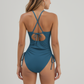 Swim Women's High Neck One Piece Swimsuit with Keyhole Front Detail and Ruched Side Drawstrings